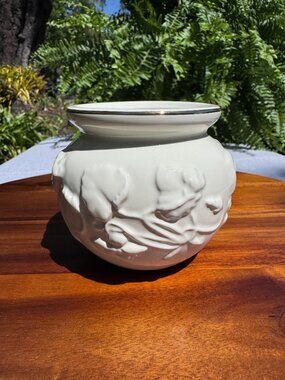 Vintage Ivory Embossed Floral Vase, Water Lily Design, Gold Trimmed Cachepot